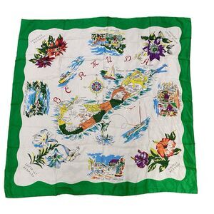 Bermuda Map Scarf Flowers Landmarks & Illustrations Vintage Hand Rolled Edges